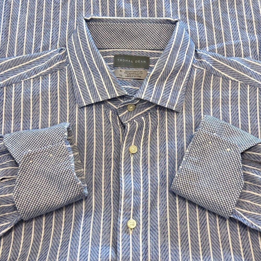 Thomas Dean Men's Herringbone Striped Button-Down Dress Shirt Blue White Size XL